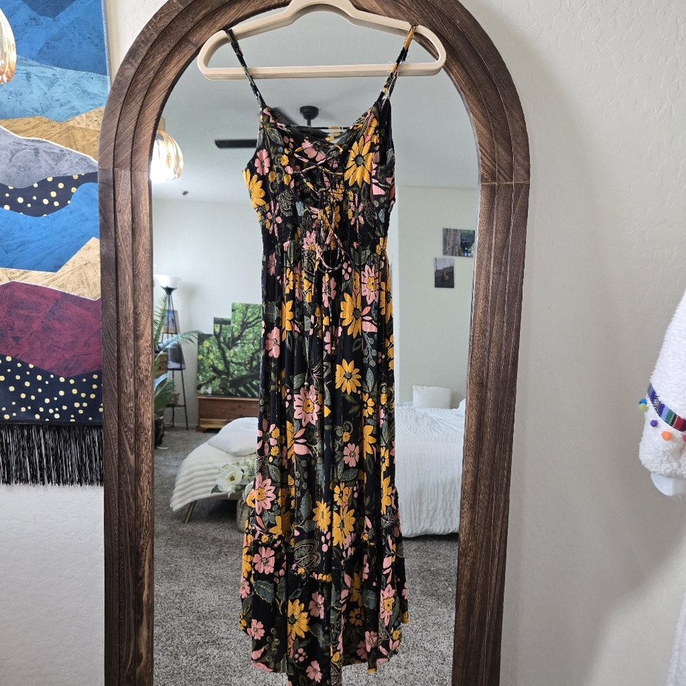 Black Floral Maxi Dress, Lace-Up Back, Side Slit, Sundress - Size S